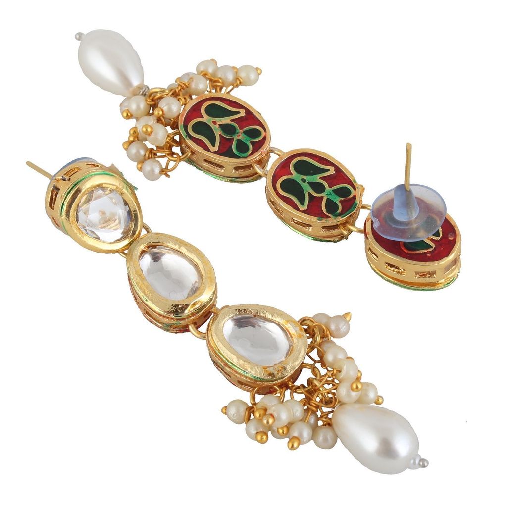 LUCKY JEWELLERY Back Meenakari 18k Gold Plated White Color Tika Earring Combo Uncut Big Faux Kundan Choker Necklace set