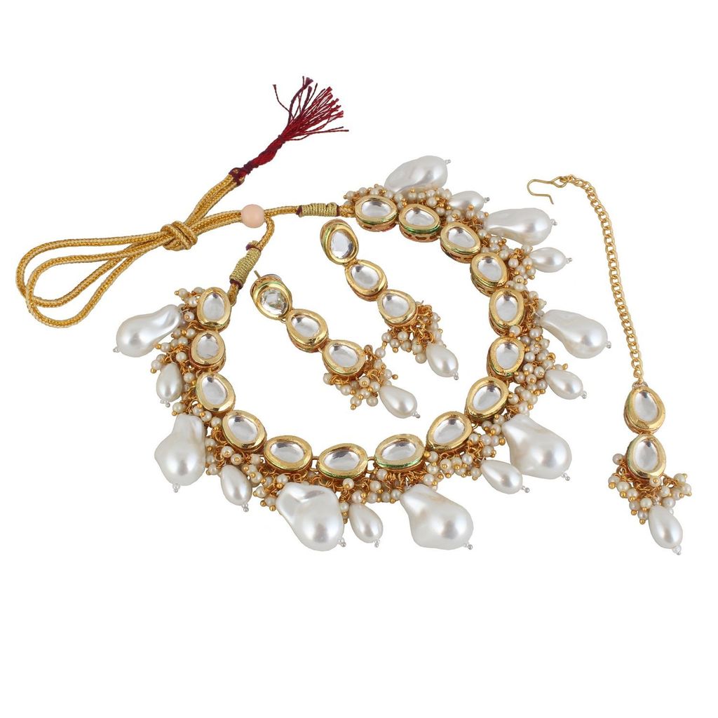 LUCKY JEWELLERY Back Meenakari 18k Gold Plated White Color Tika Earring Combo Uncut Big Faux Kundan Choker Necklace set
