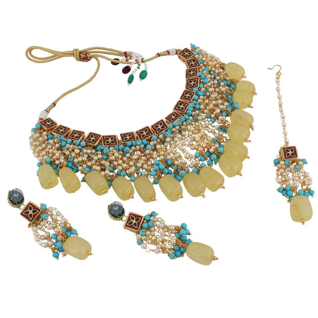 LUCKY JEWELLERY Back Meenakari 18k Gold Plated Multicolor Tika Earring Combo Uncut Big Faux Kundan Choker Necklace set