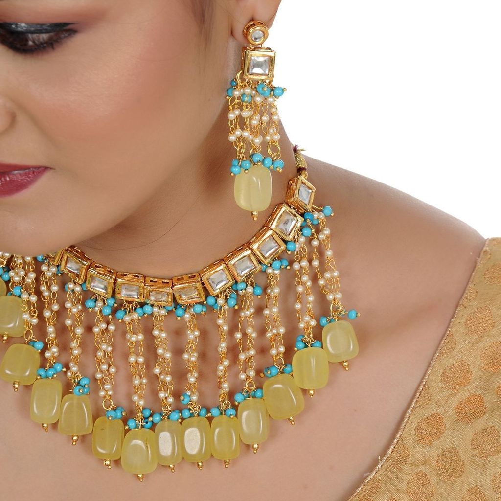 LUCKY JEWELLERY Back Meenakari 18k Gold Plated Multicolor Tika Earring Combo Uncut Big Faux Kundan Choker Necklace set