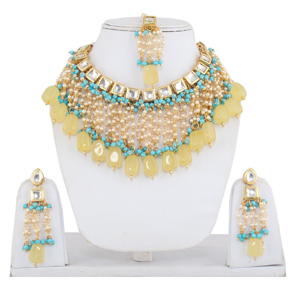 LUCKY JEWELLERY Back Meenakari 18k Gold Plated Multicolor Tika Earring Combo Uncut Big Faux Kundan Choker Necklace set