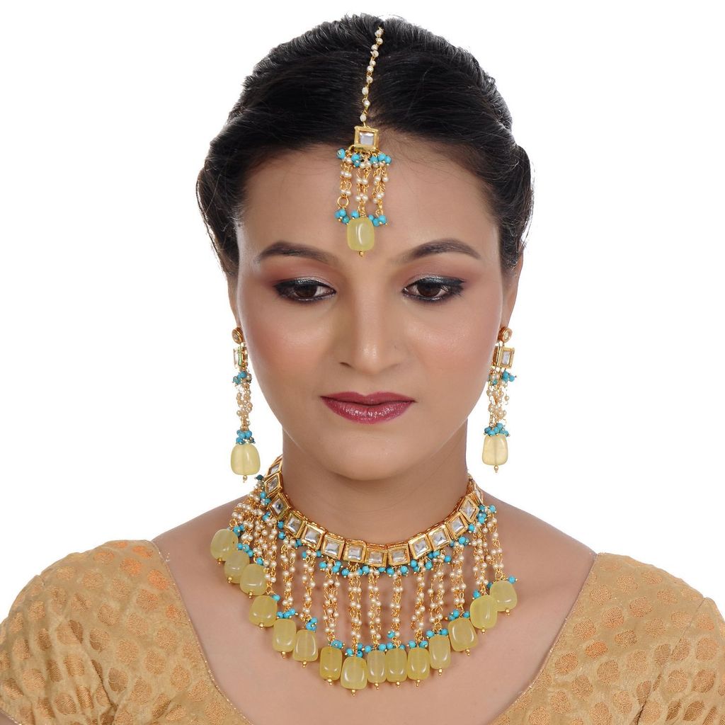 LUCKY JEWELLERY Back Meenakari 18k Gold Plated Multicolor Tika Earring Combo Uncut Big Faux Kundan Choker Necklace set