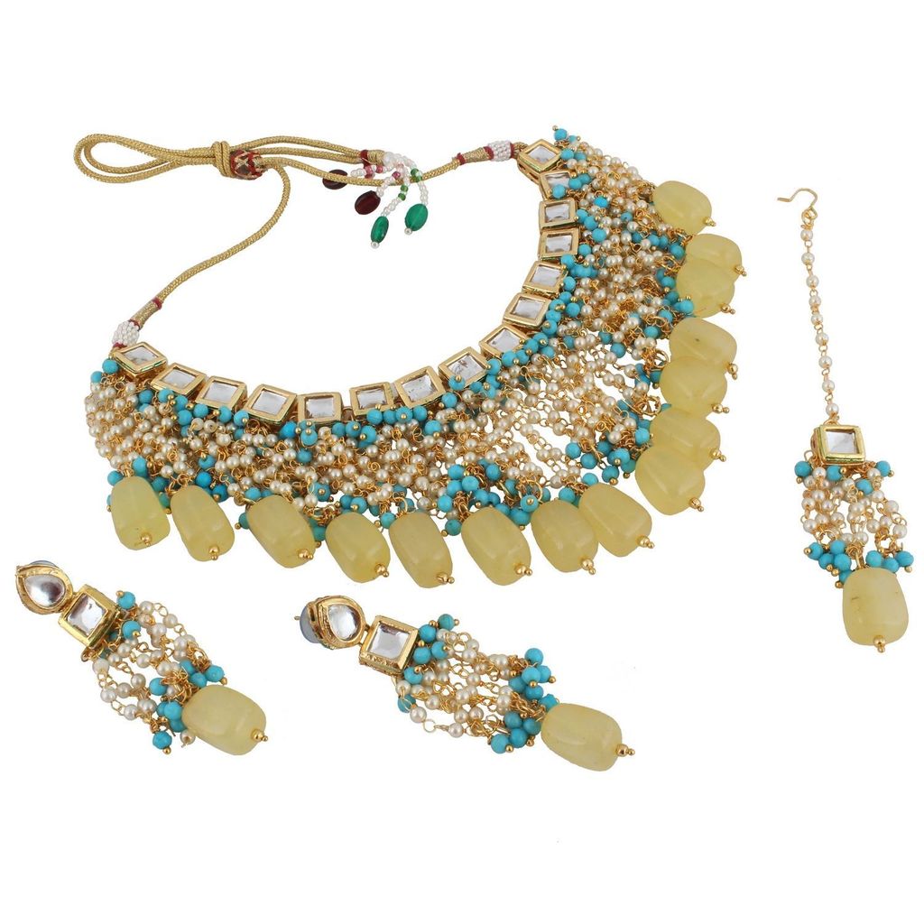 LUCKY JEWELLERY Back Meenakari 18k Gold Plated Multicolor Tika Earring Combo Uncut Big Faux Kundan Choker Necklace set