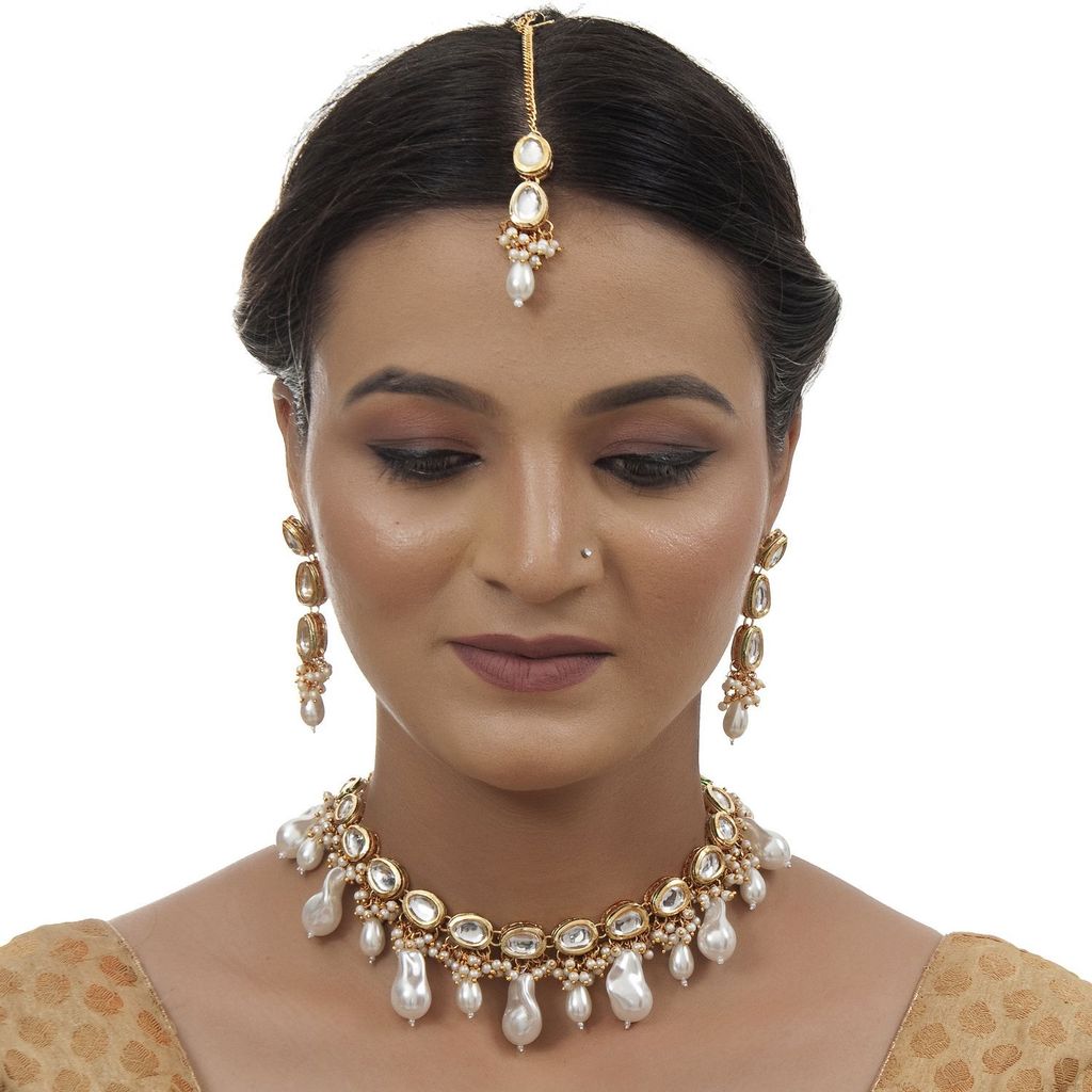 LUCKY JEWELLERY Back Meenakari 18k Gold Plated White Color Tika Earring Combo Uncut Big Faux Kundan Choker Necklace set