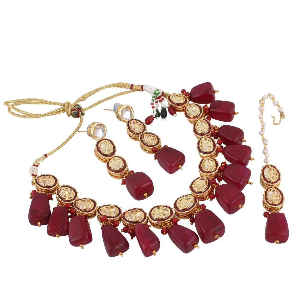 LUCKY JEWELLERY Back Meenakari 18k Gold Plated Maroon Color Tika Earring Combo Uncut Big Faux Kundan Choker Necklace set