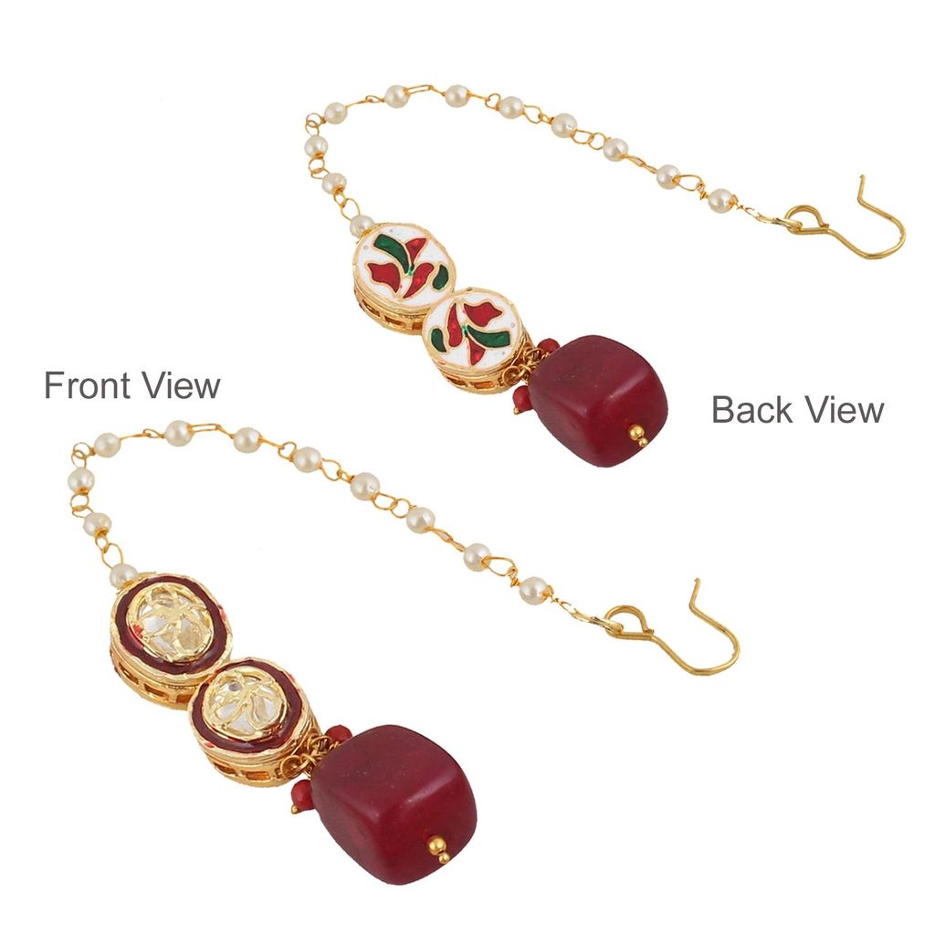 LUCKY JEWELLERY Back Meenakari 18k Gold Plated Maroon Color Tika Earring Combo Uncut Big Faux Kundan Choker Necklace set