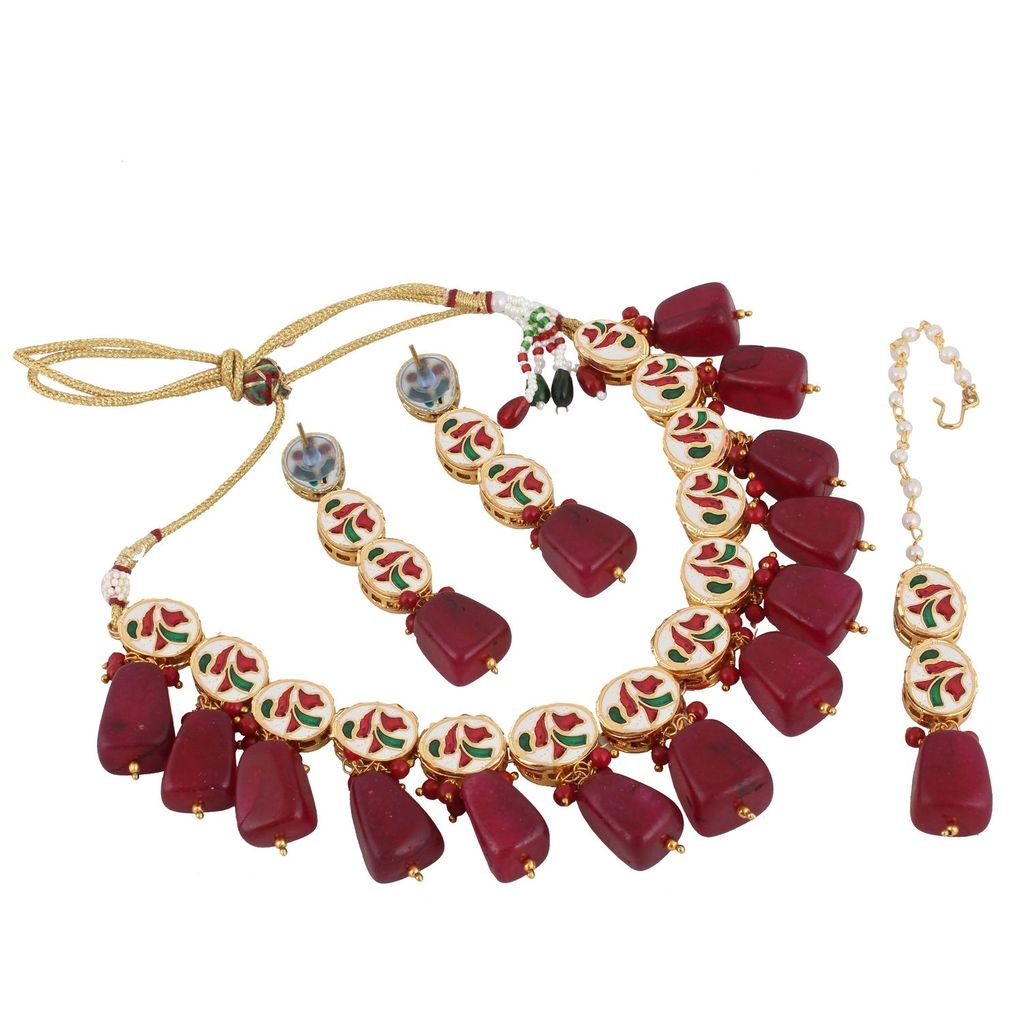 LUCKY JEWELLERY Back Meenakari 18k Gold Plated Maroon Color Tika Earring Combo Uncut Big Faux Kundan Choker Necklace set