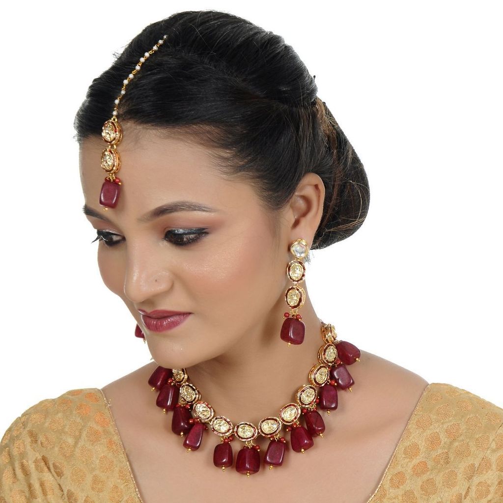 LUCKY JEWELLERY Back Meenakari 18k Gold Plated Maroon Color Tika Earring Combo Uncut Big Faux Kundan Choker Necklace set