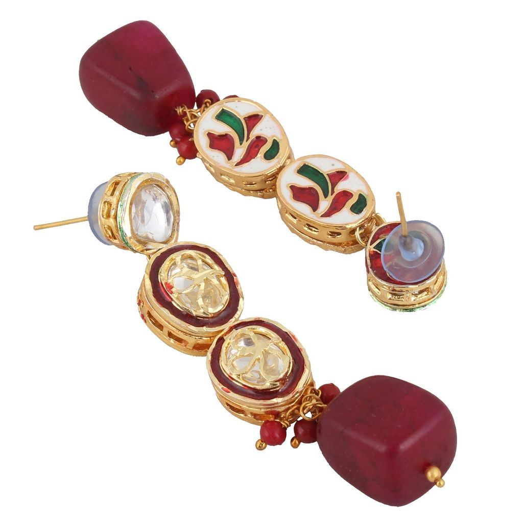 LUCKY JEWELLERY Back Meenakari 18k Gold Plated Maroon Color Tika Earring Combo Uncut Big Faux Kundan Choker Necklace set