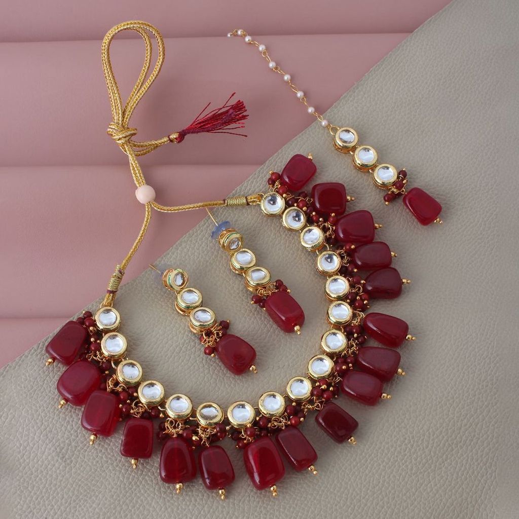 LUCKY JEWELLERY Back Meenakari 18k Gold Plated Maroon Color Tika Earring Combo Uncut Big Faux Kundan Choker Necklace set