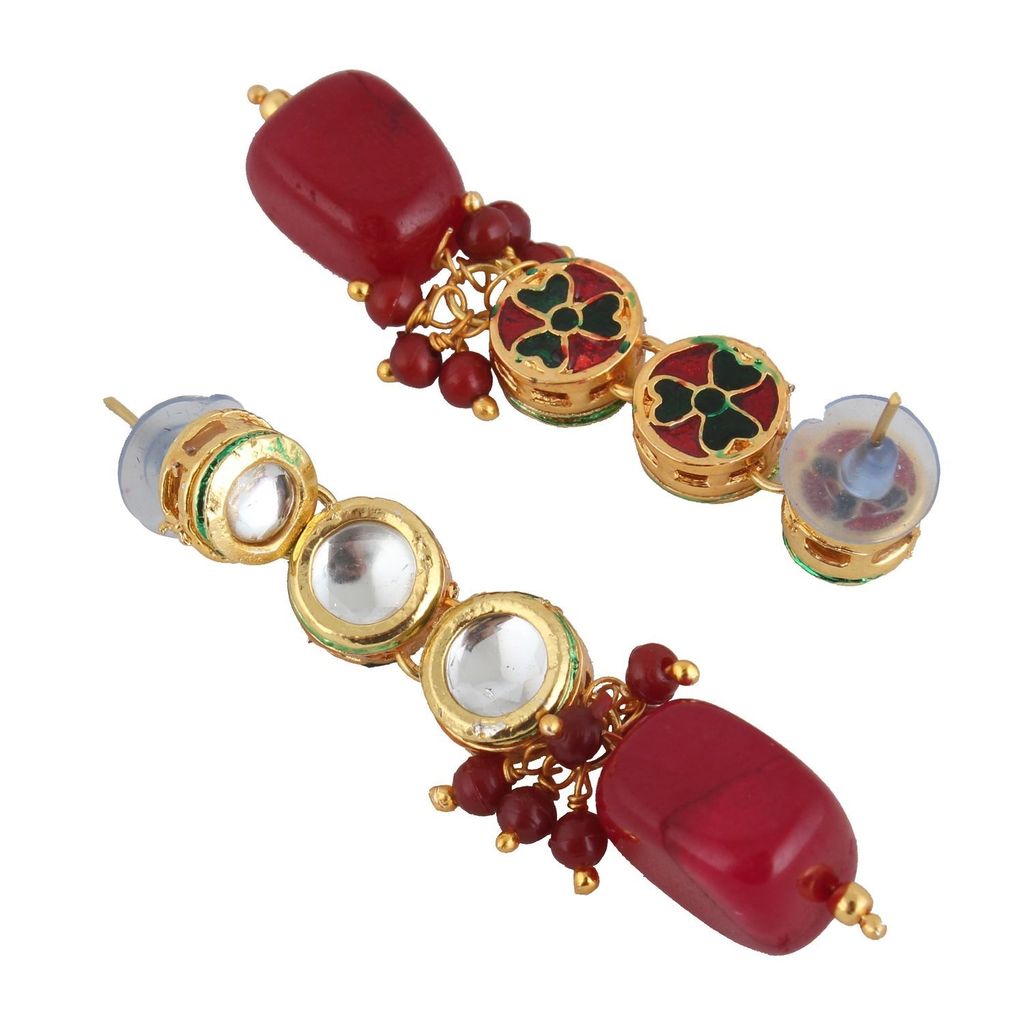 LUCKY JEWELLERY Back Meenakari 18k Gold Plated Maroon Color Tika Earring Combo Uncut Big Faux Kundan Choker Necklace set