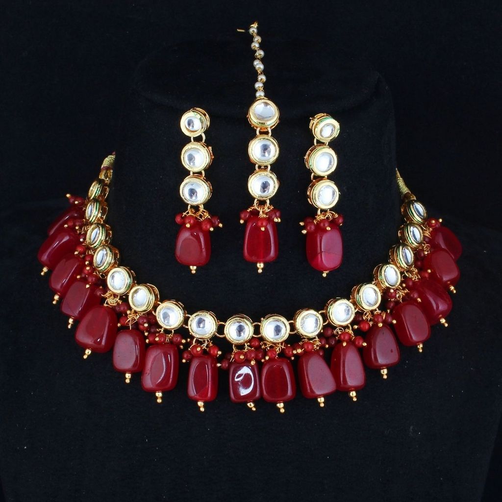 LUCKY JEWELLERY Back Meenakari 18k Gold Plated Maroon Color Tika Earring Combo Uncut Big Faux Kundan Choker Necklace set