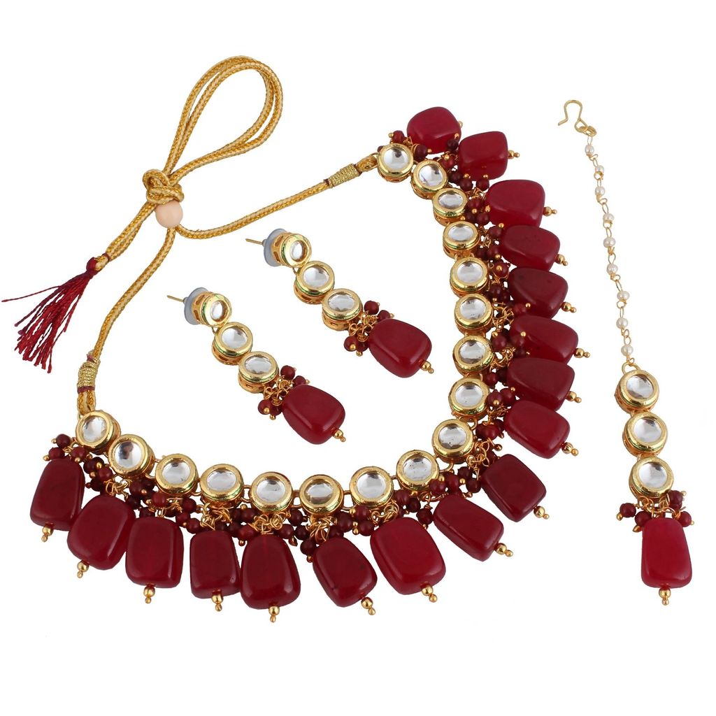 LUCKY JEWELLERY Back Meenakari 18k Gold Plated Maroon Color Tika Earring Combo Uncut Big Faux Kundan Choker Necklace set