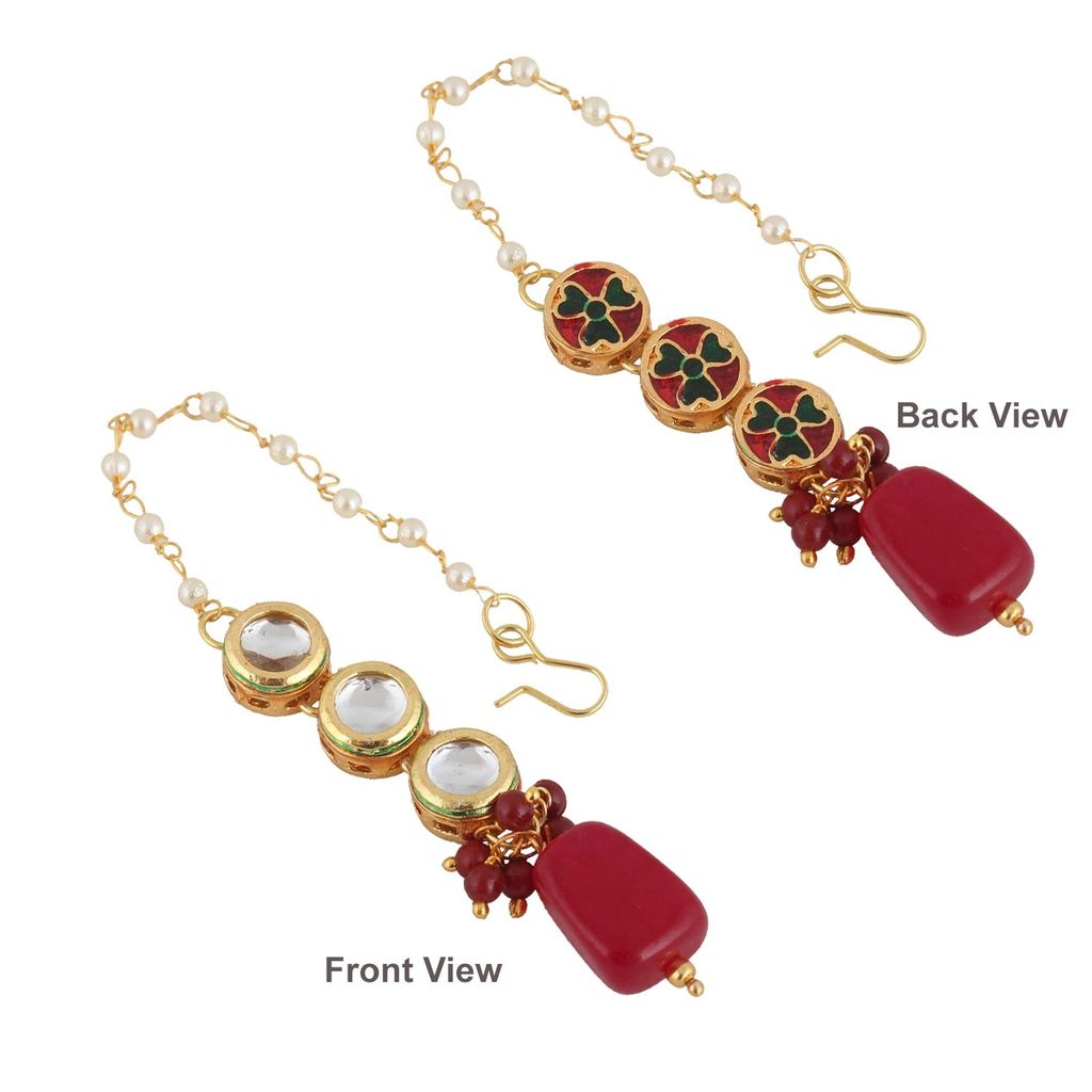 LUCKY JEWELLERY Back Meenakari 18k Gold Plated Maroon Color Tika Earring Combo Uncut Big Faux Kundan Choker Necklace set