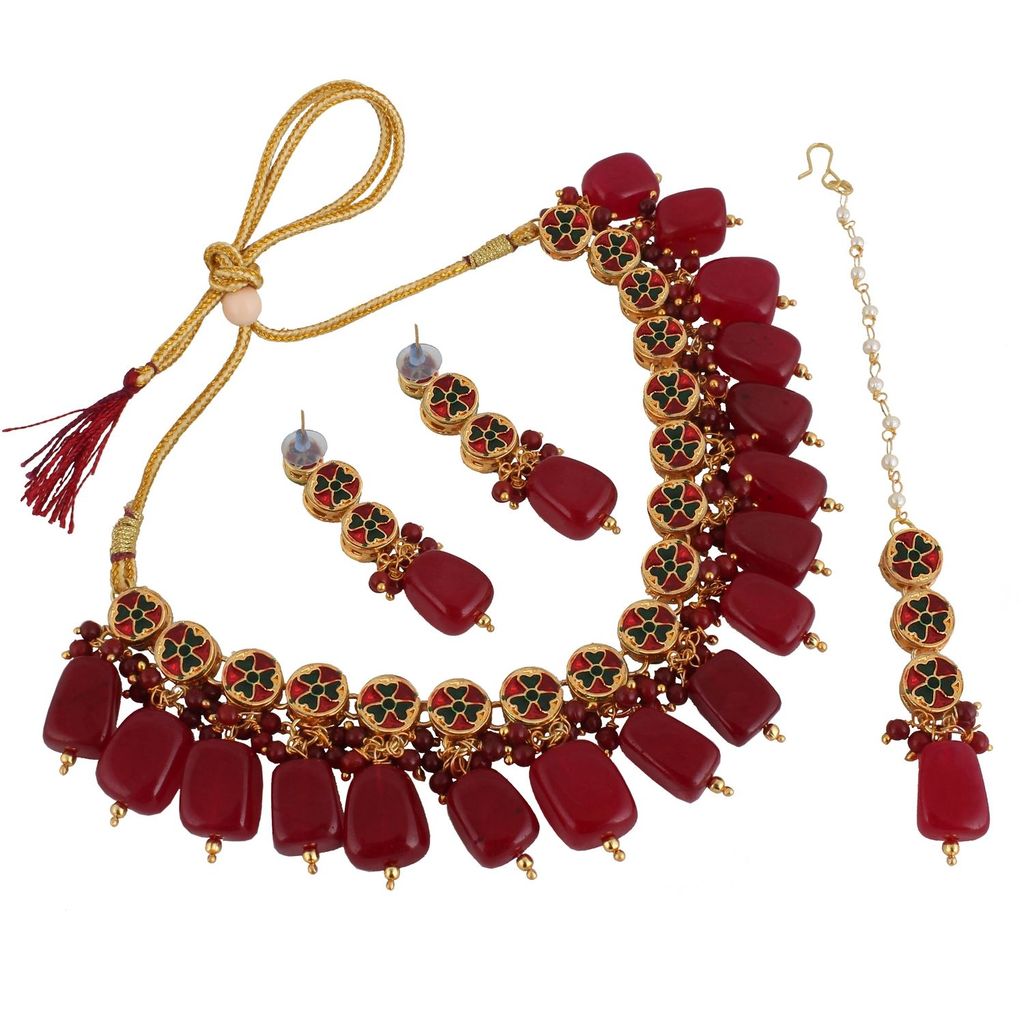 LUCKY JEWELLERY Back Meenakari 18k Gold Plated Maroon Color Tika Earring Combo Uncut Big Faux Kundan Choker Necklace set
