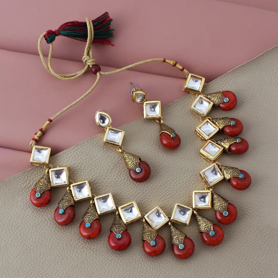 LUCKY JEWELLERY Back Meenakari 18k Gold Plated Red Color  Earring Combo Uncut Big Faux Kundan Choker Necklace set