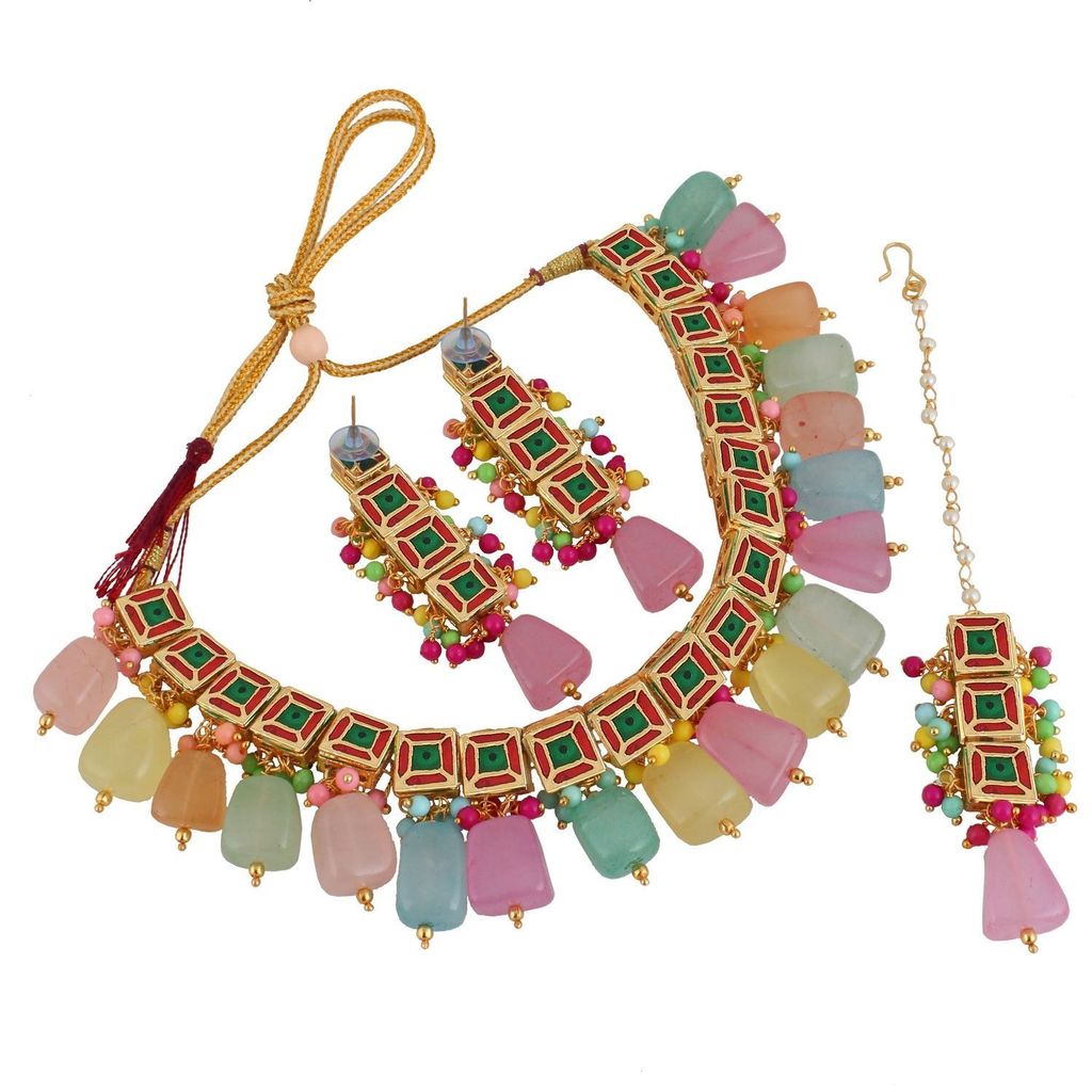 LUCKY JEWELLERY Back Meenakari 18k Gold Plated Mutlicolor Color Tika Earring Combo Uncut Big Kundan Choker Necklace set