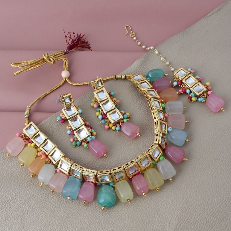 LUCKY JEWELLERY Back Meenakari 18k Gold Plated Mutlicolor Color Tika Earring Combo Uncut Big Kundan Choker Necklace set