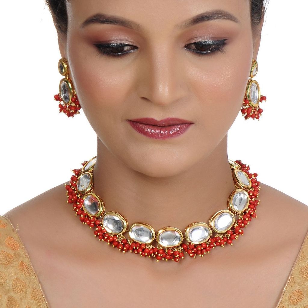 LUCKY JEWELLERY Back Meenakari 18k Gold Plated Red Color Earring Combo Uncut Big Faux Kundan Choker Necklace set