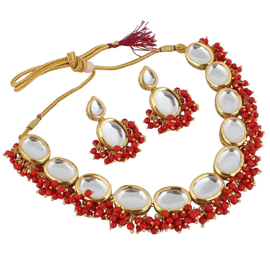 LUCKY JEWELLERY Back Meenakari 18k Gold Plated Red Color Earring Combo Uncut Big Faux Kundan Choker Necklace set