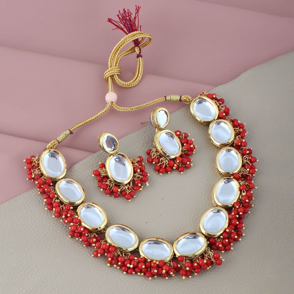 LUCKY JEWELLERY Back Meenakari 18k Gold Plated Red Color Earring Combo Uncut Big Faux Kundan Choker Necklace set