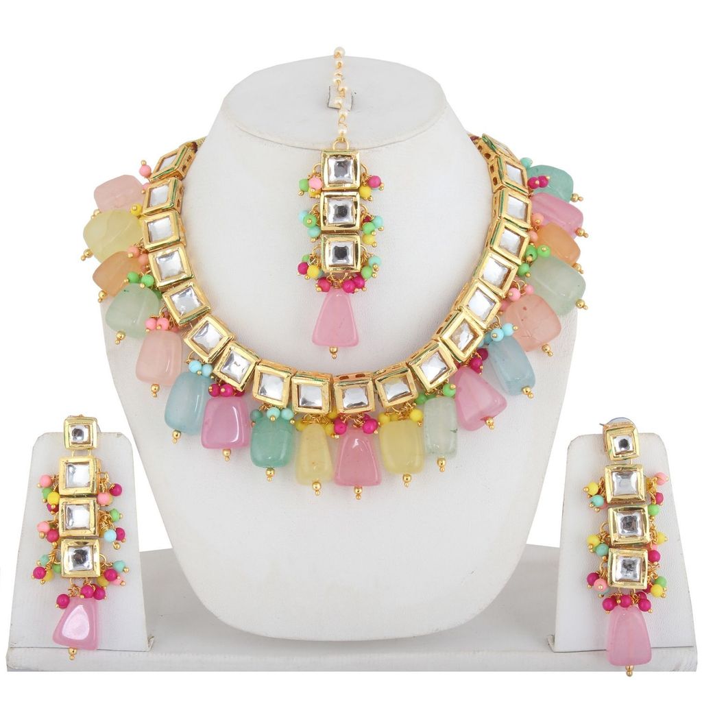 LUCKY JEWELLERY Back Meenakari 18k Gold Plated Mutlicolor Color Tika Earring Combo Uncut Big Kundan Choker Necklace set