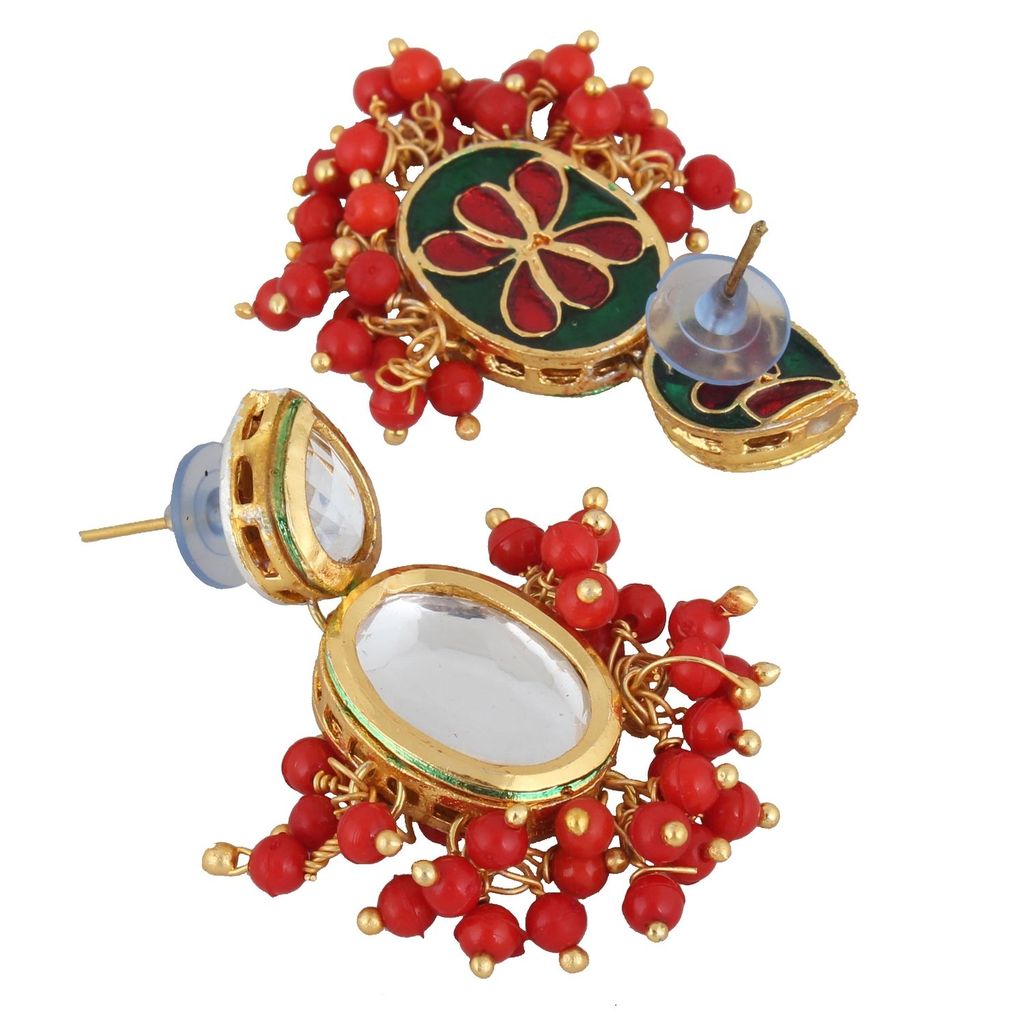 LUCKY JEWELLERY Back Meenakari 18k Gold Plated Red Color Earring Combo Uncut Big Faux Kundan Choker Necklace set