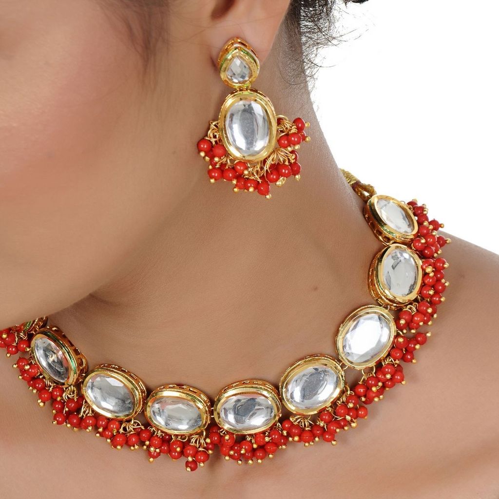 LUCKY JEWELLERY Back Meenakari 18k Gold Plated Red Color Earring Combo Uncut Big Faux Kundan Choker Necklace set