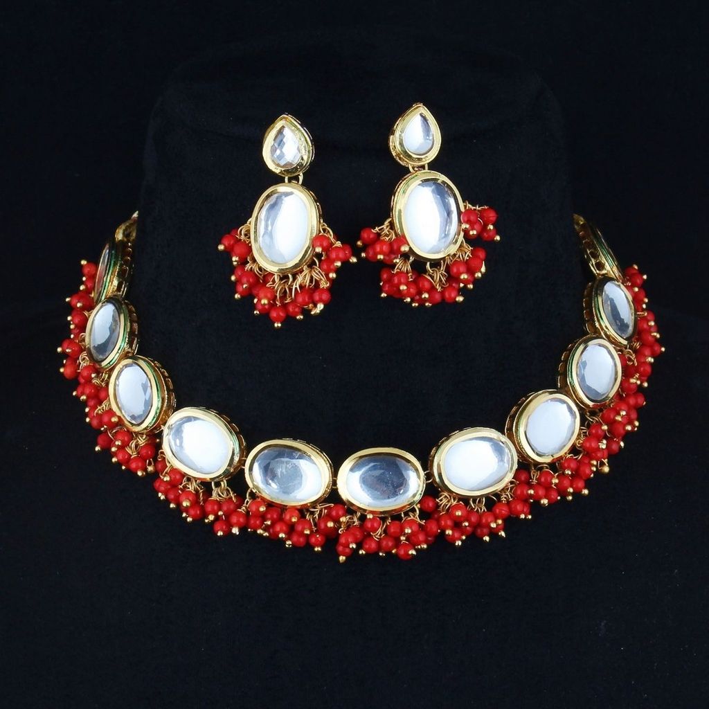 LUCKY JEWELLERY Back Meenakari 18k Gold Plated Red Color Earring Combo Uncut Big Faux Kundan Choker Necklace set