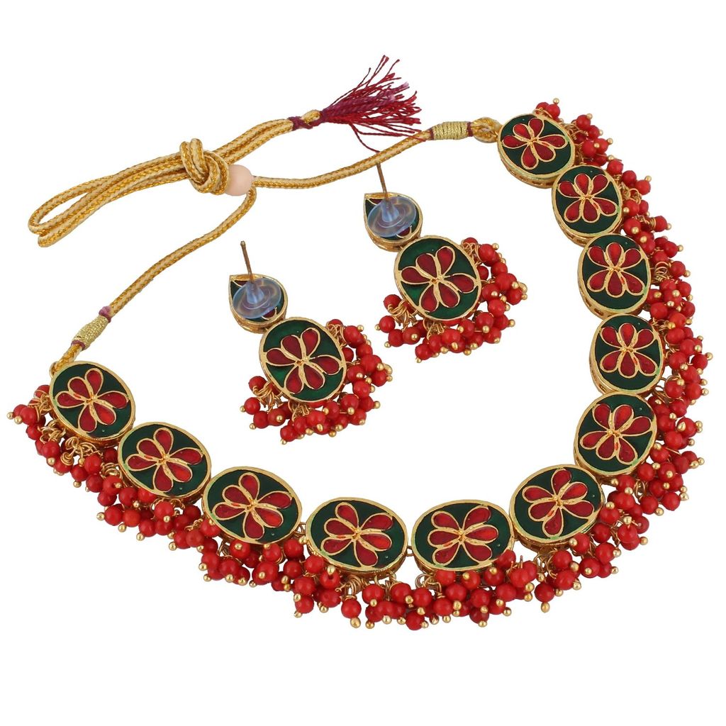 LUCKY JEWELLERY Back Meenakari 18k Gold Plated Red Color Earring Combo Uncut Big Faux Kundan Choker Necklace set