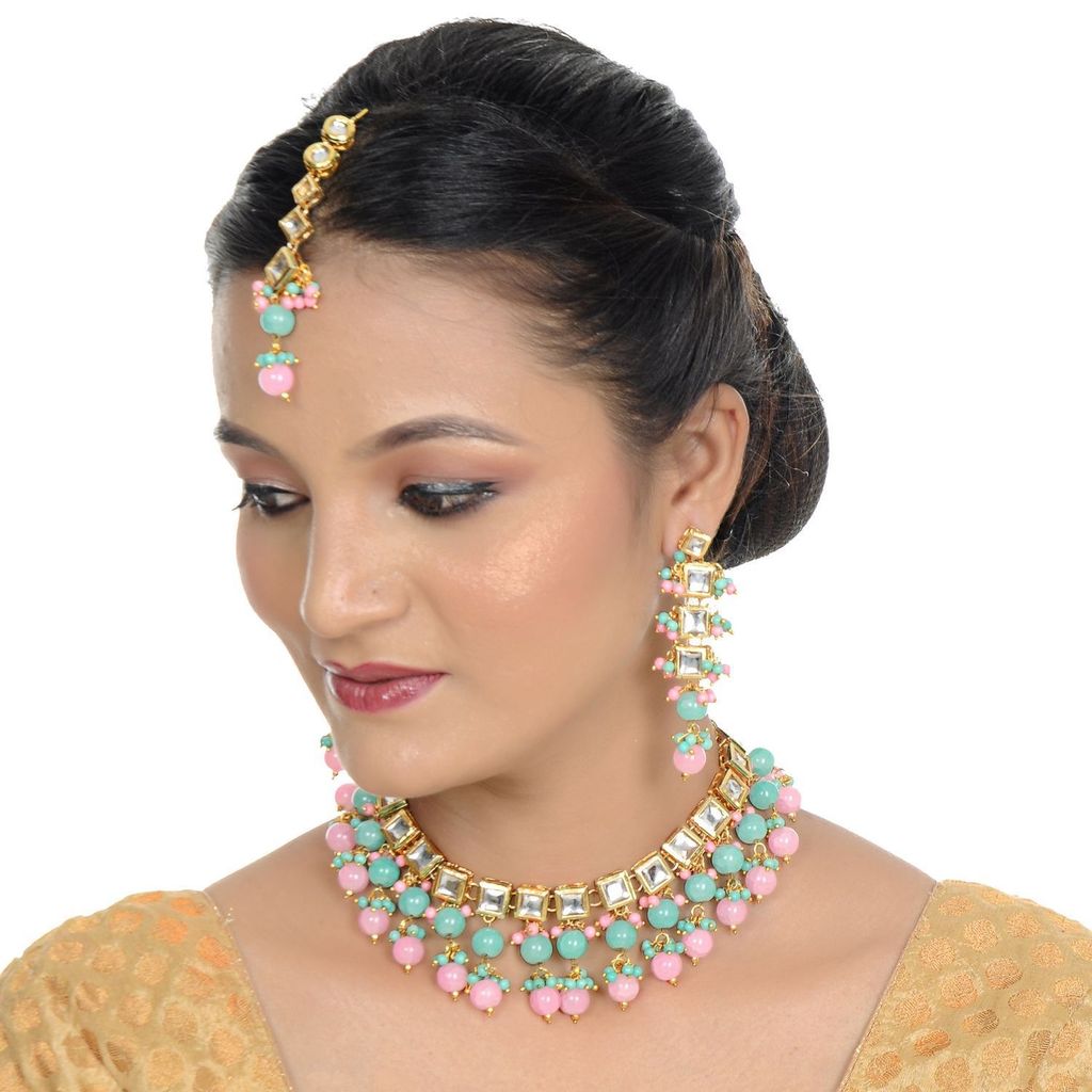 LUCKY JEWELLERY Back Meenakari 18k Gold Plated Multicolor Tika Earring Combo Uncut Big Faux Kundan Choker Necklace set