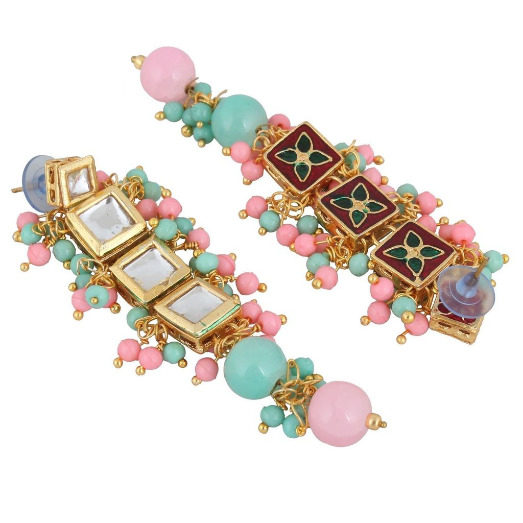 LUCKY JEWELLERY Back Meenakari 18k Gold Plated Multicolor Tika Earring Combo Uncut Big Faux Kundan Choker Necklace set