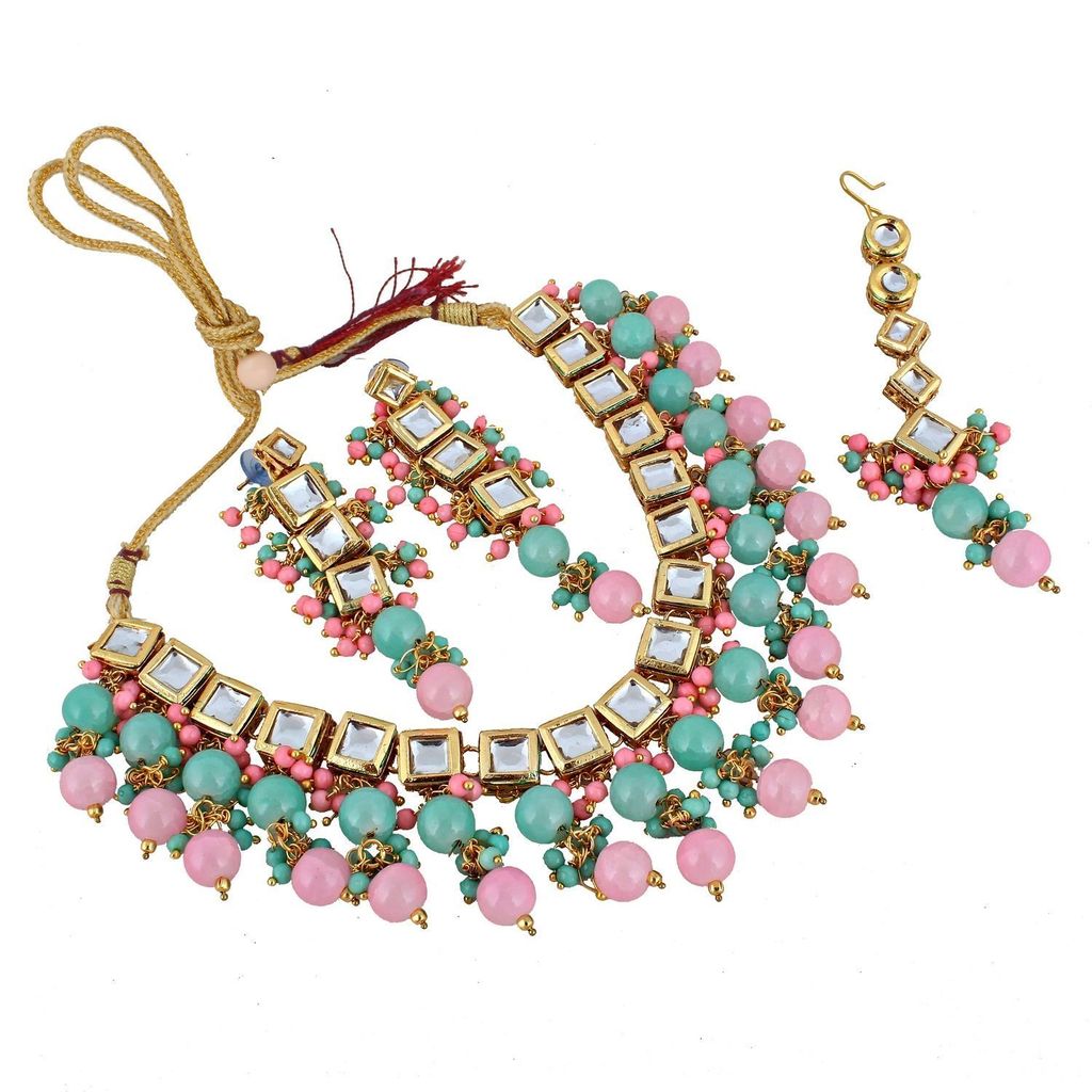 LUCKY JEWELLERY Back Meenakari 18k Gold Plated Multicolor Tika Earring Combo Uncut Big Faux Kundan Choker Necklace set