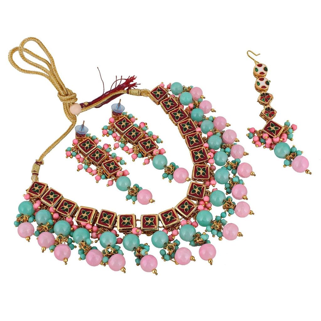LUCKY JEWELLERY Back Meenakari 18k Gold Plated Multicolor Tika Earring Combo Uncut Big Faux Kundan Choker Necklace set