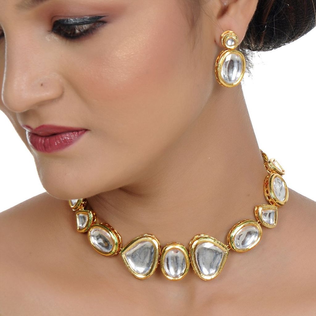 LUCKY JEWELLERY Back Meenakari 18k Gold Plated White Color Earring Combo Uncut Big Faux Kundan Choker Necklace set