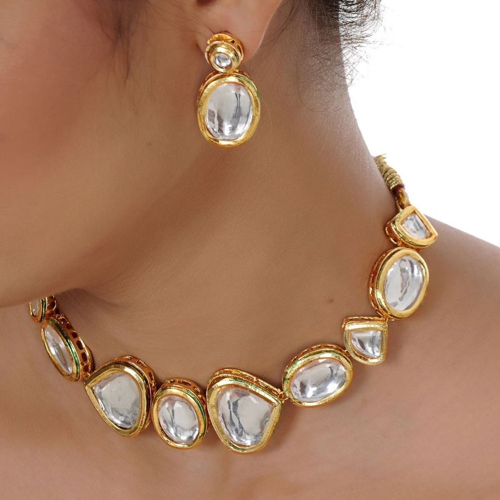 LUCKY JEWELLERY Back Meenakari 18k Gold Plated White Color Earring Combo Uncut Big Faux Kundan Choker Necklace set