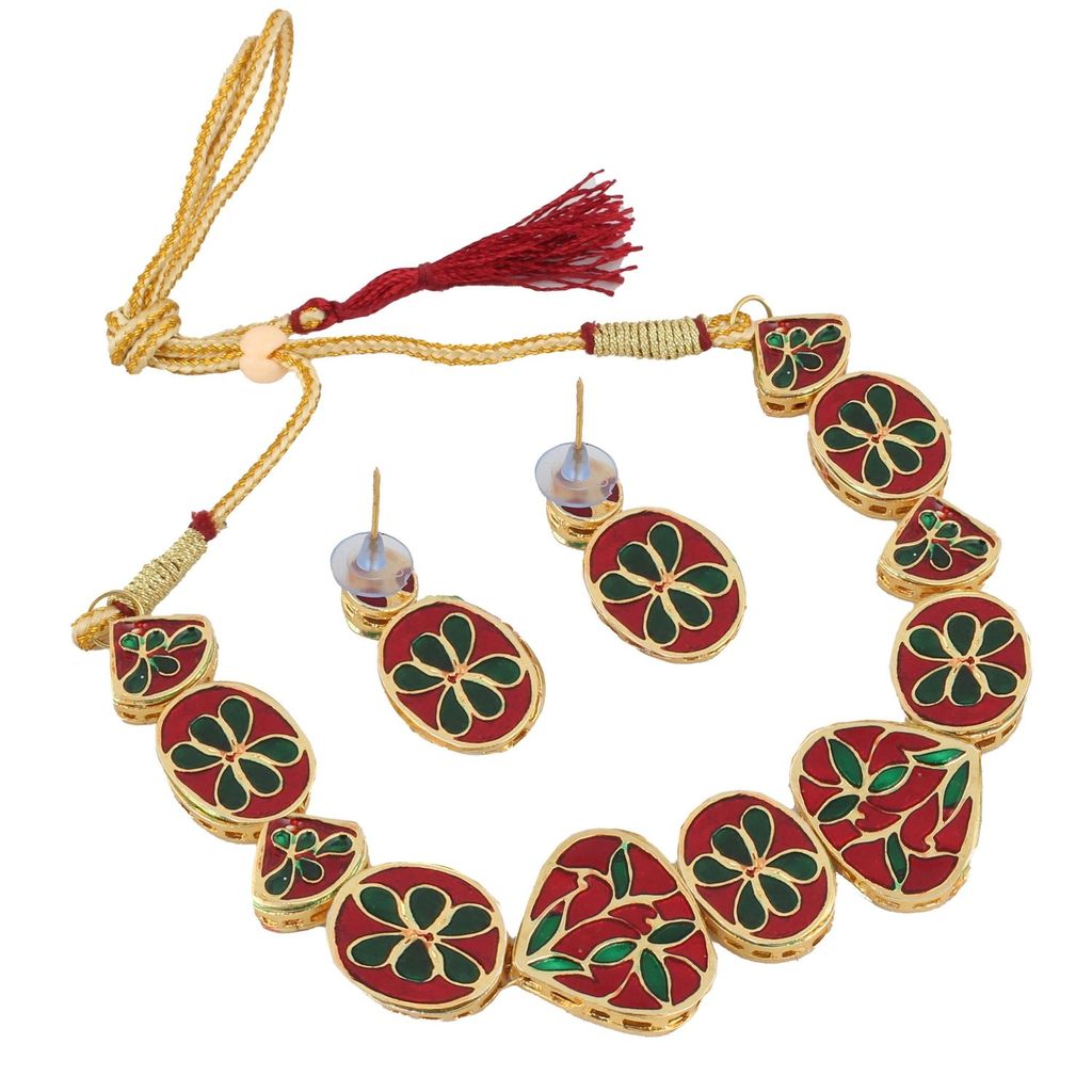 LUCKY JEWELLERY Back Meenakari 18k Gold Plated White Color Earring Combo Uncut Big Faux Kundan Choker Necklace set