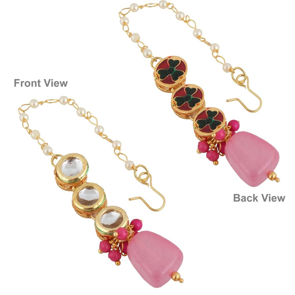 LUCKY JEWELLERY Back Meenakari 18k Gold Plated Pink Color Tika Earring Combo Uncut Big Faux Kundan Choker Necklace set