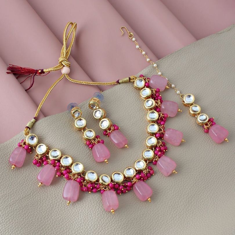 LUCKY JEWELLERY Back Meenakari 18k Gold Plated Pink Color Tika Earring Combo Uncut Big Faux Kundan Choker Necklace set