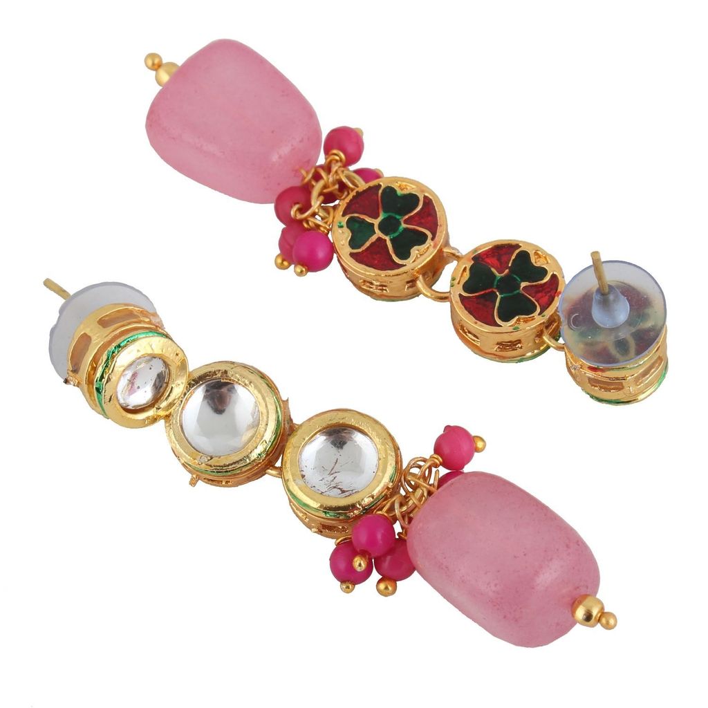 LUCKY JEWELLERY Back Meenakari 18k Gold Plated Pink Color Tika Earring Combo Uncut Big Faux Kundan Choker Necklace set