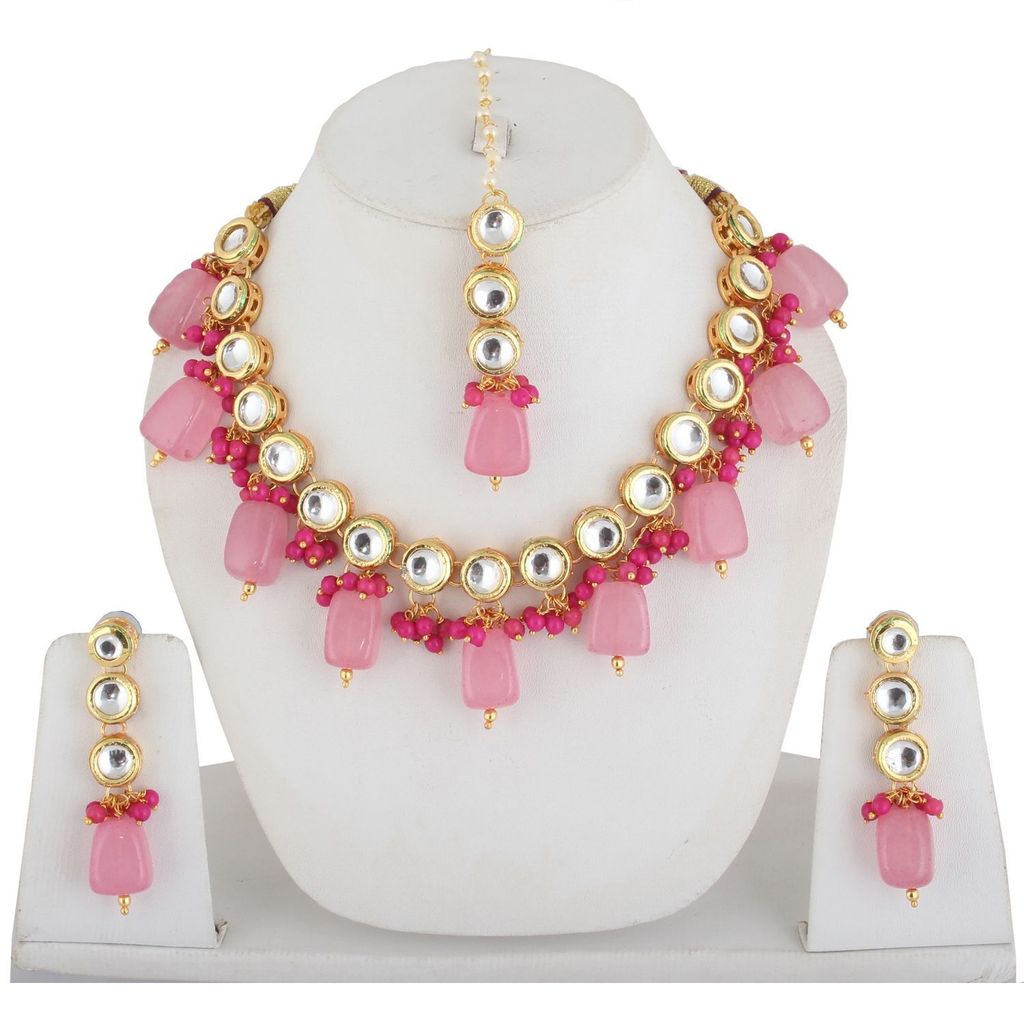 LUCKY JEWELLERY Back Meenakari 18k Gold Plated Pink Color Tika Earring Combo Uncut Big Faux Kundan Choker Necklace set