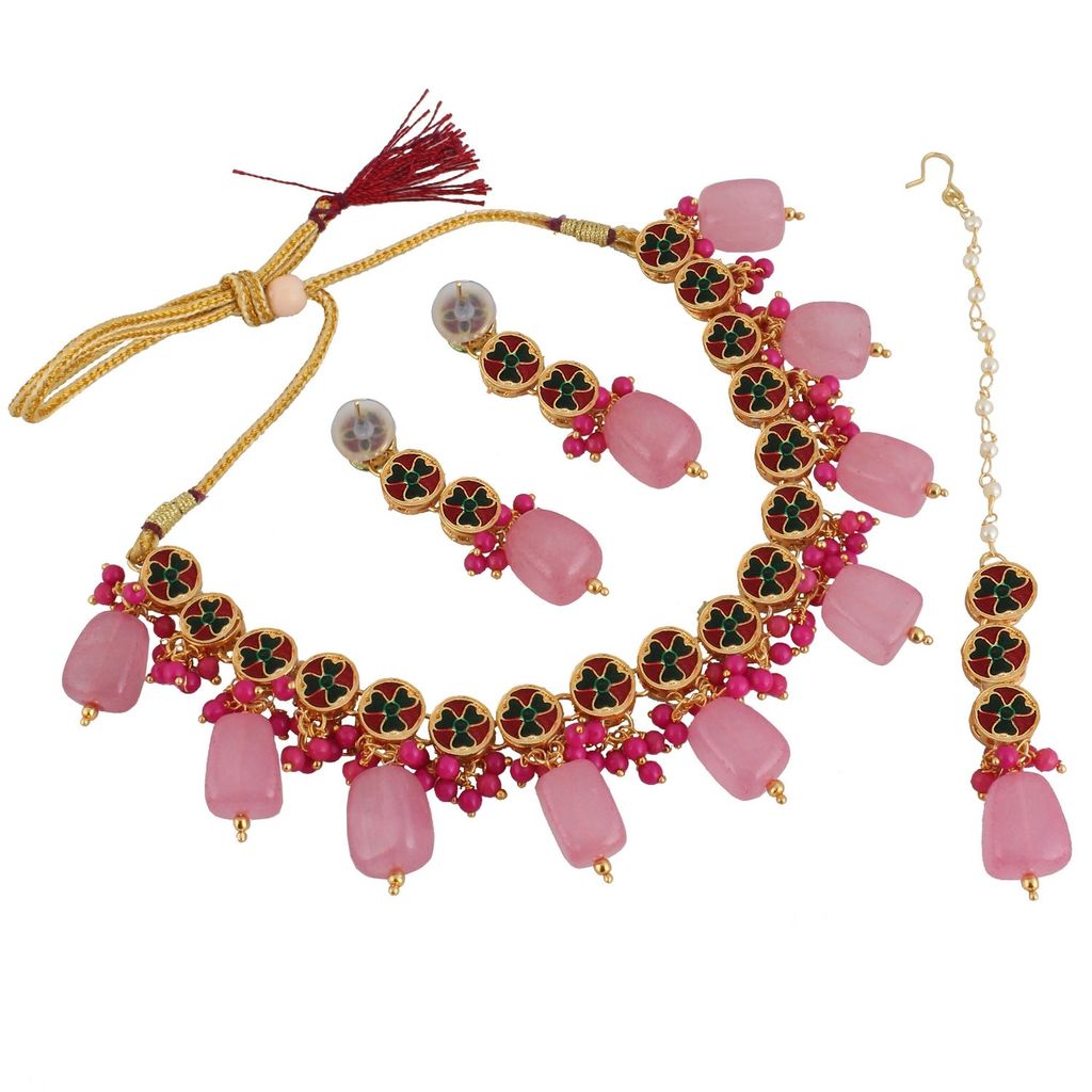 LUCKY JEWELLERY Back Meenakari 18k Gold Plated Pink Color Tika Earring Combo Uncut Big Faux Kundan Choker Necklace set
