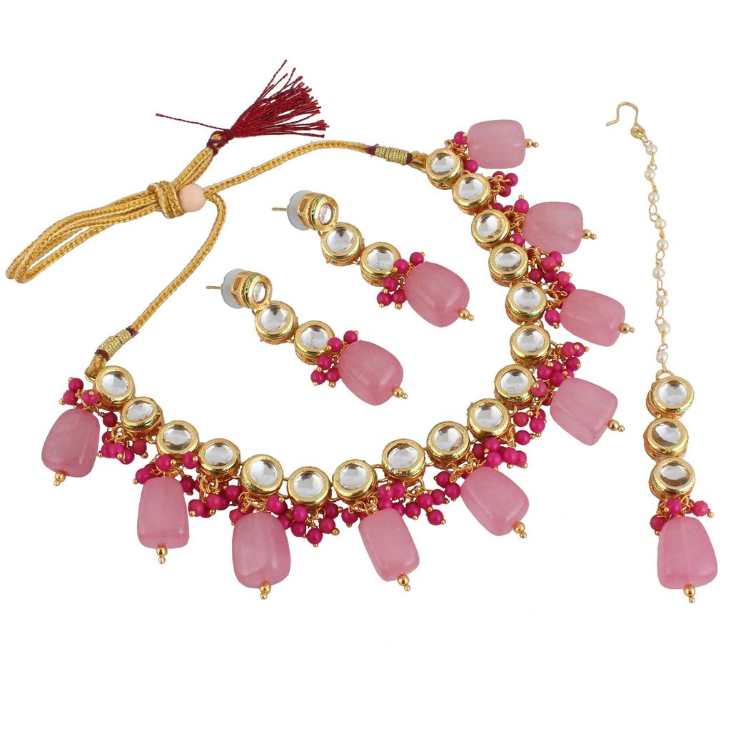 LUCKY JEWELLERY Back Meenakari 18k Gold Plated Pink Color Tika Earring Combo Uncut Big Faux Kundan Choker Necklace set