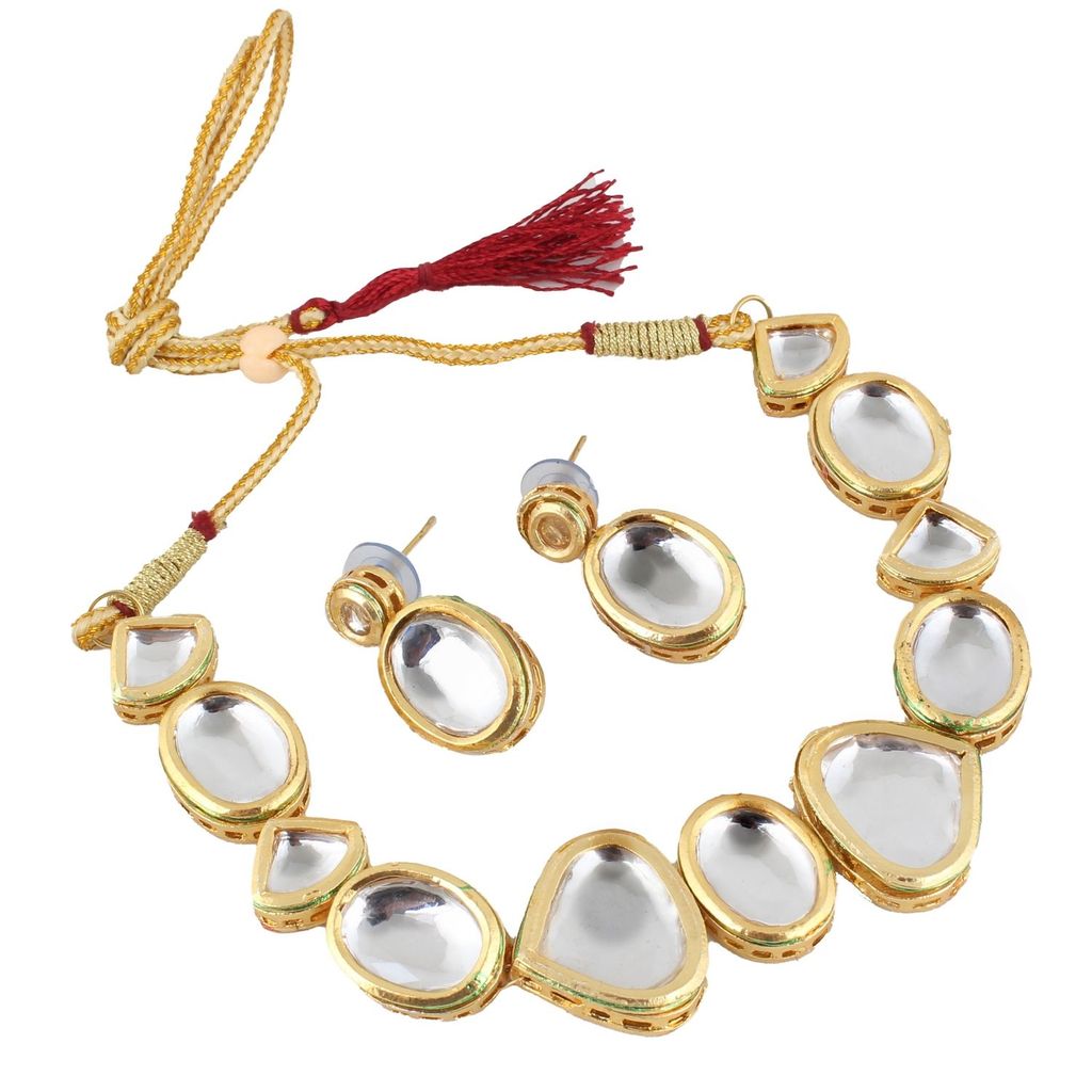 LUCKY JEWELLERY Back Meenakari 18k Gold Plated White Color Earring Combo Uncut Big Faux Kundan Choker Necklace set