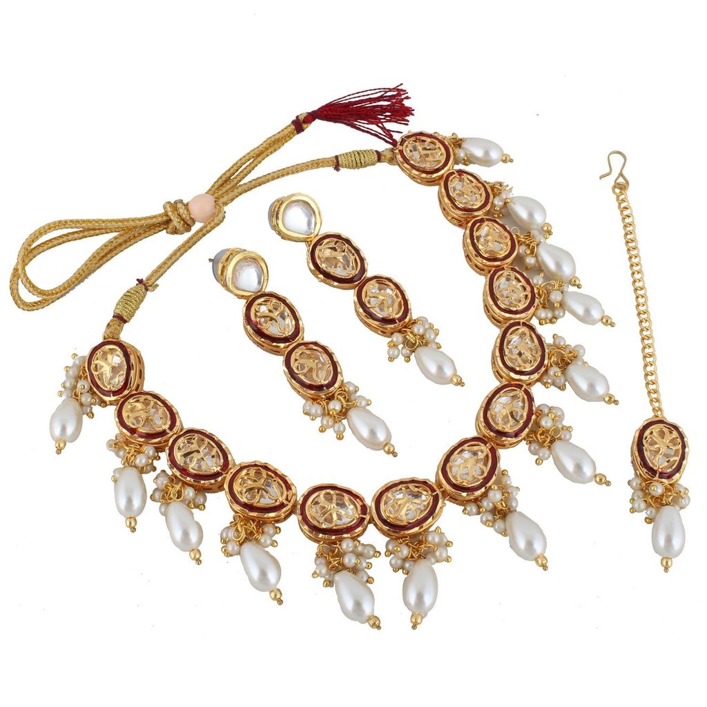 LUCKY JEWELLERY Back Meenakari 18k Gold Plated Multicolor Tika Earring Combo Uncut Big Faux Kundan Choker Necklace set