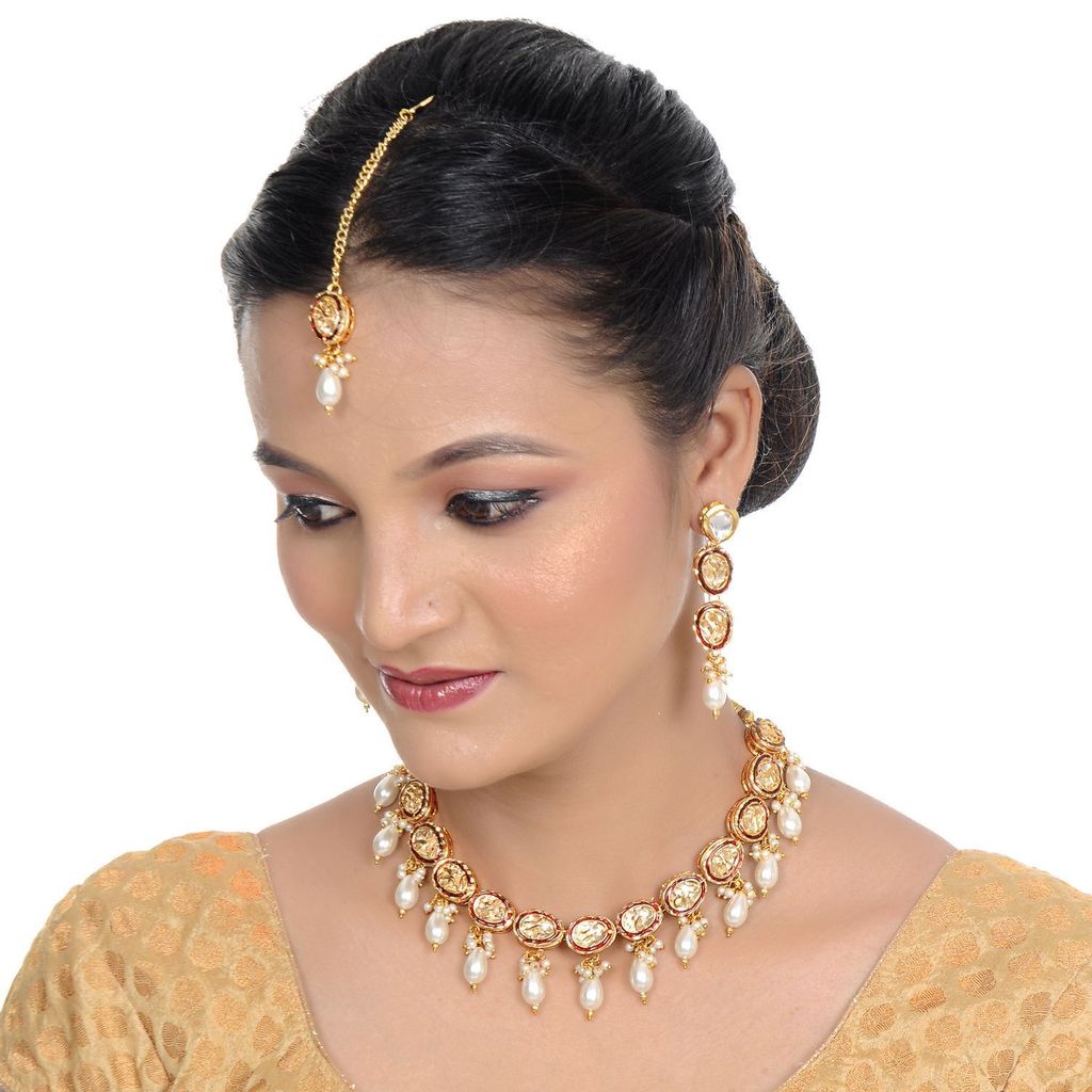 LUCKY JEWELLERY Back Meenakari 18k Gold Plated Multicolor Tika Earring Combo Uncut Big Faux Kundan Choker Necklace set