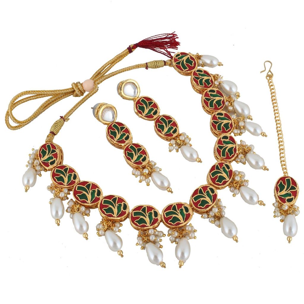 LUCKY JEWELLERY Back Meenakari 18k Gold Plated Multicolor Tika Earring Combo Uncut Big Faux Kundan Choker Necklace set
