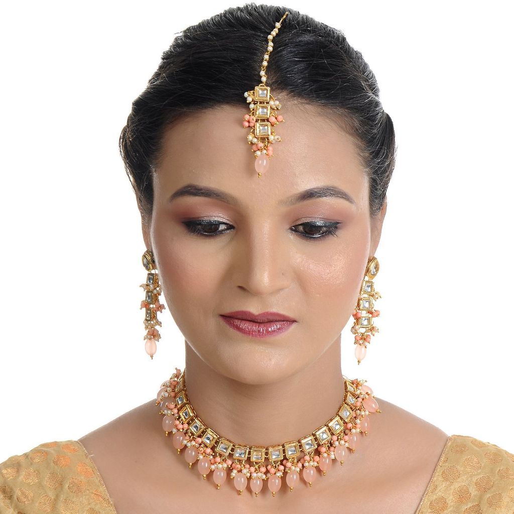 LUCKY JEWELLERY Back Meenakari 18k Gold Plated Peach Color Tika Earring Combo Uncut Big Faux Kundan Choker Necklace set