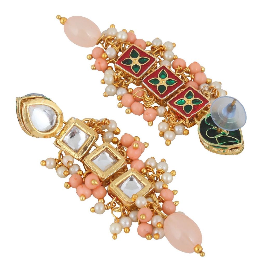 LUCKY JEWELLERY Back Meenakari 18k Gold Plated Peach Color Tika Earring Combo Uncut Big Faux Kundan Choker Necklace set
