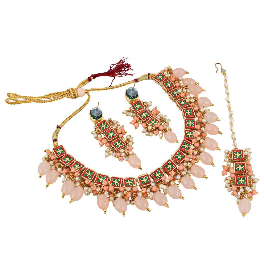 LUCKY JEWELLERY Back Meenakari 18k Gold Plated Peach Color Tika Earring Combo Uncut Big Faux Kundan Choker Necklace set